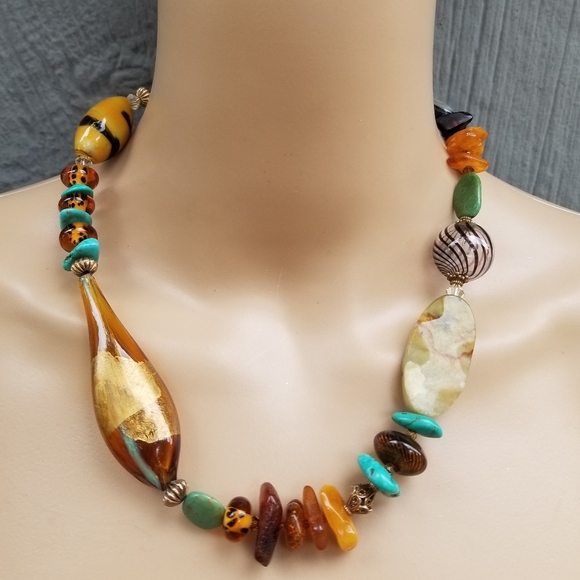 ARTISAN MADE GEMSTONE & ART GLASS MEDLEY STATEMENT NECKLACE WITH 14K GOLD CHAIN - Picture 1 of 11